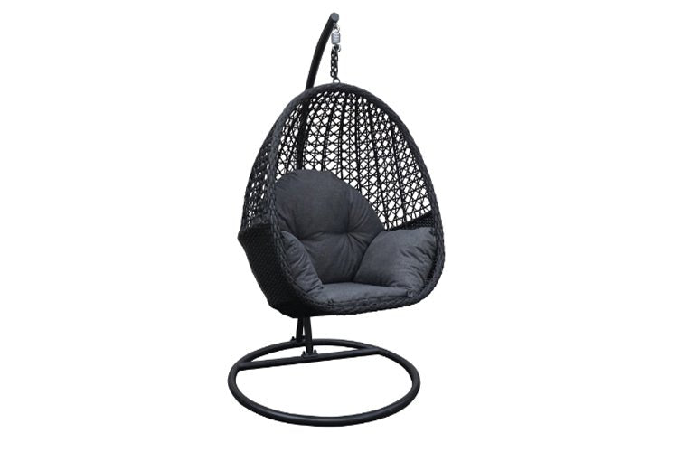 Chaise suspendue en rotin noire et grise - Piscines Soucy